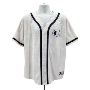 Champion Mens 2XL Jersey Baseball Mesh White Navy Blue Button Down Logo Patch